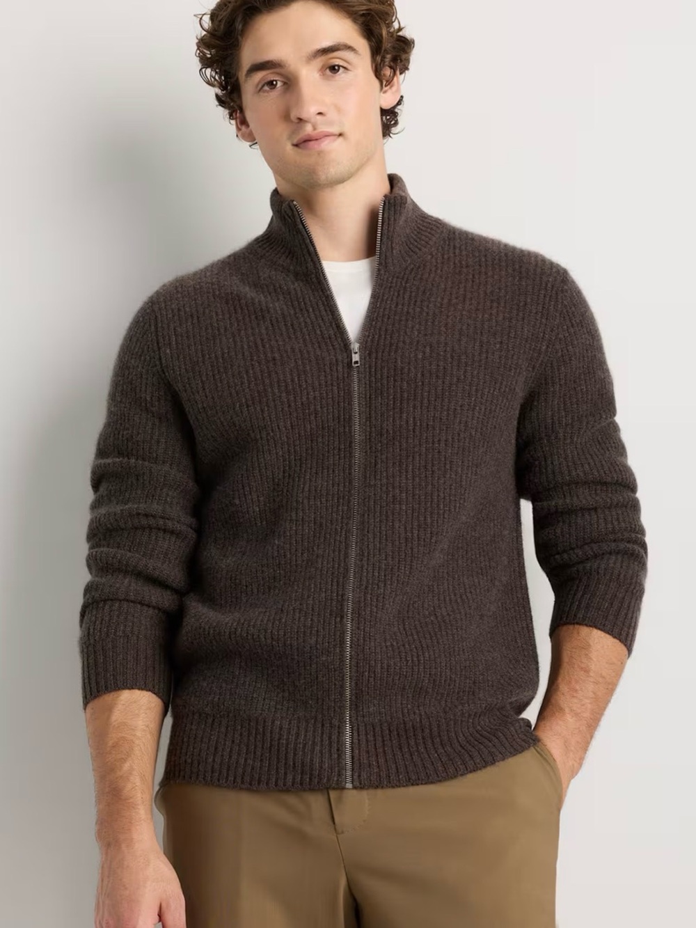 QUINCE Cashmere Fisherman Full Zip Sweater Heather Truffle Brown NWT Men’s XL